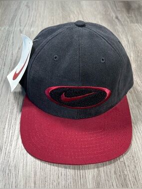 Vintage Deadstock Nike Swoosh Hat Cap Embroidered Black Red 90s USA Strapback